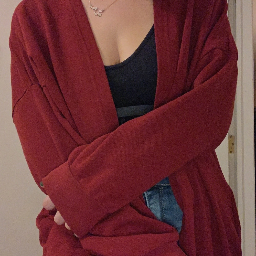 long cardigan in dark scarlet red